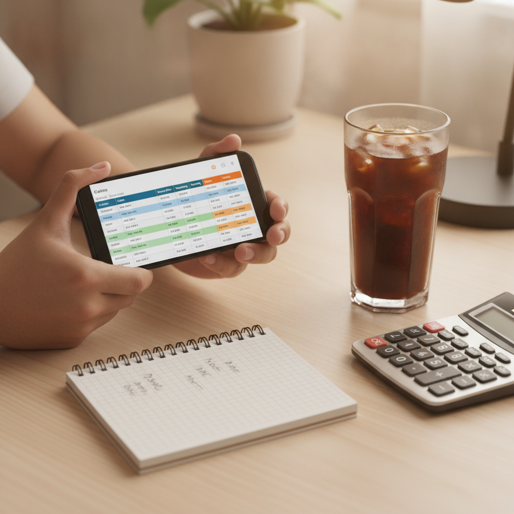 Person comparing online casino bonus offers on mobile phone with calculator and notes